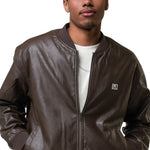 Men’s Brown Faux Leather Bomber Jacket – “Think Positive, Stay Strong”