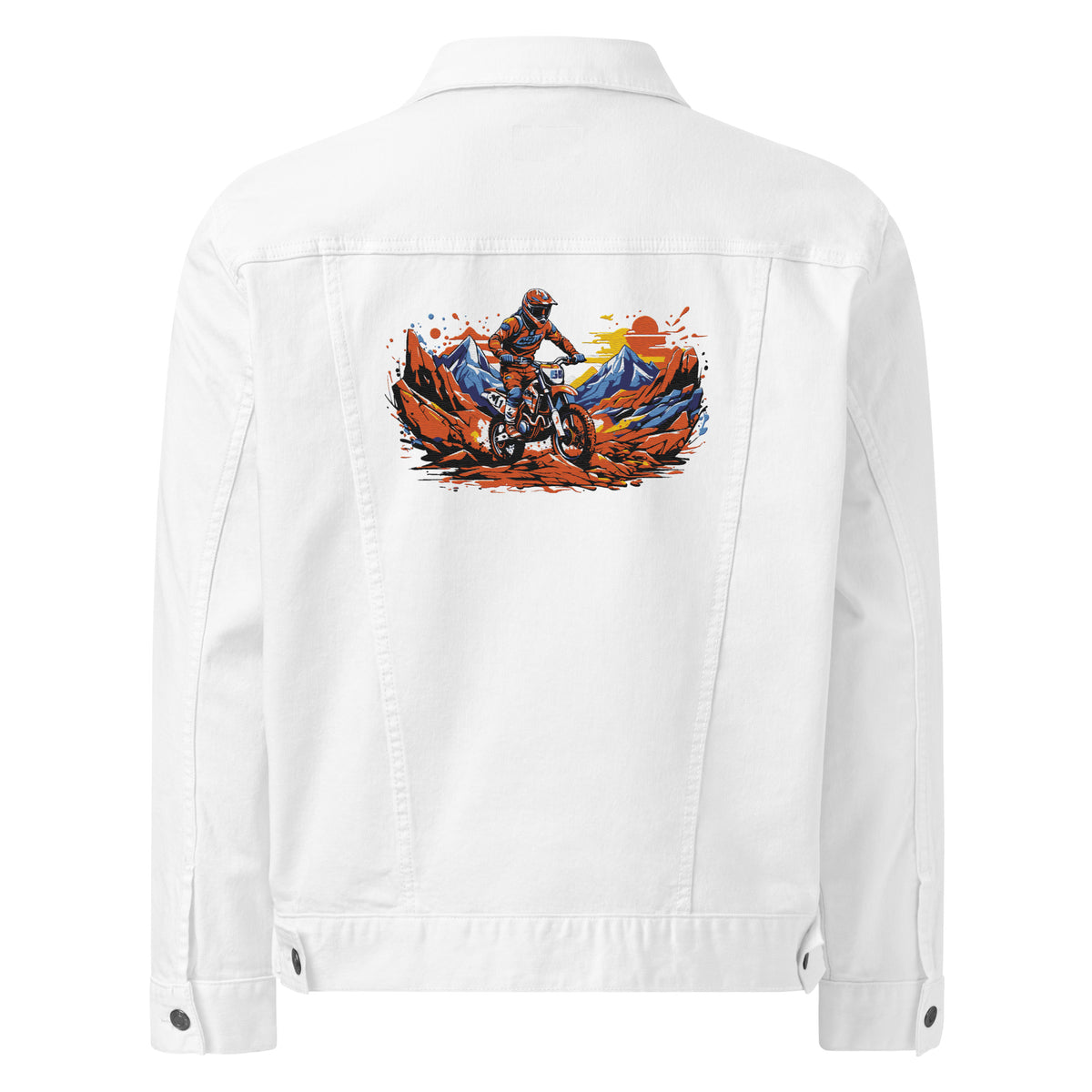 Men's Unisex Motorcycle Print White Denim Jacket