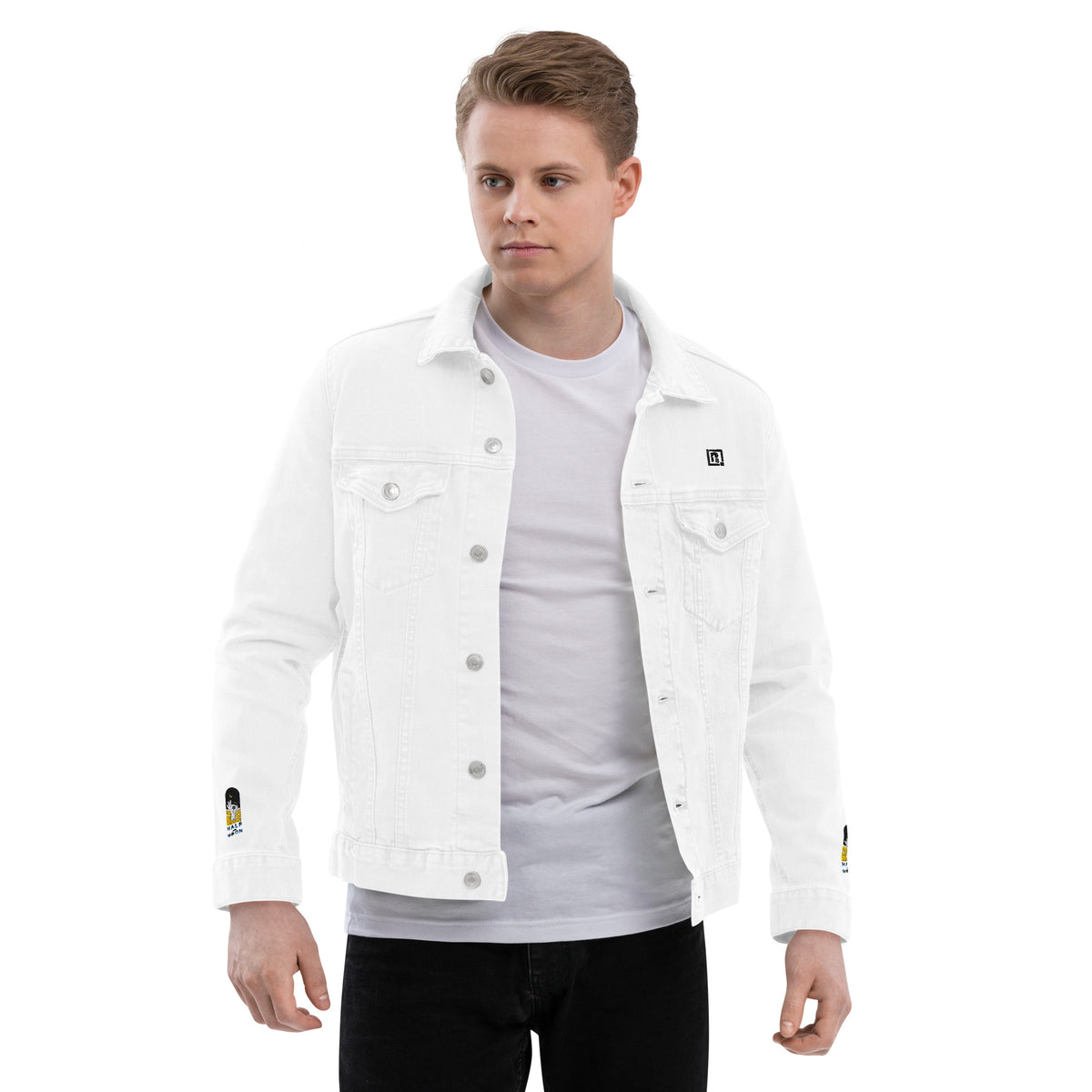 Men's Unisex Motorcycle Print White Denim Jacket