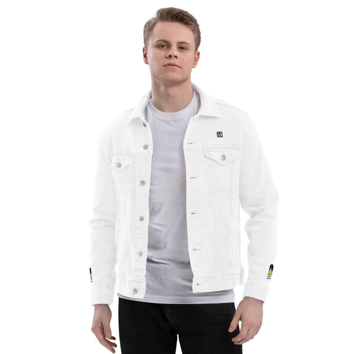 Men's Unisex Motorcycle Print White Denim Jacket